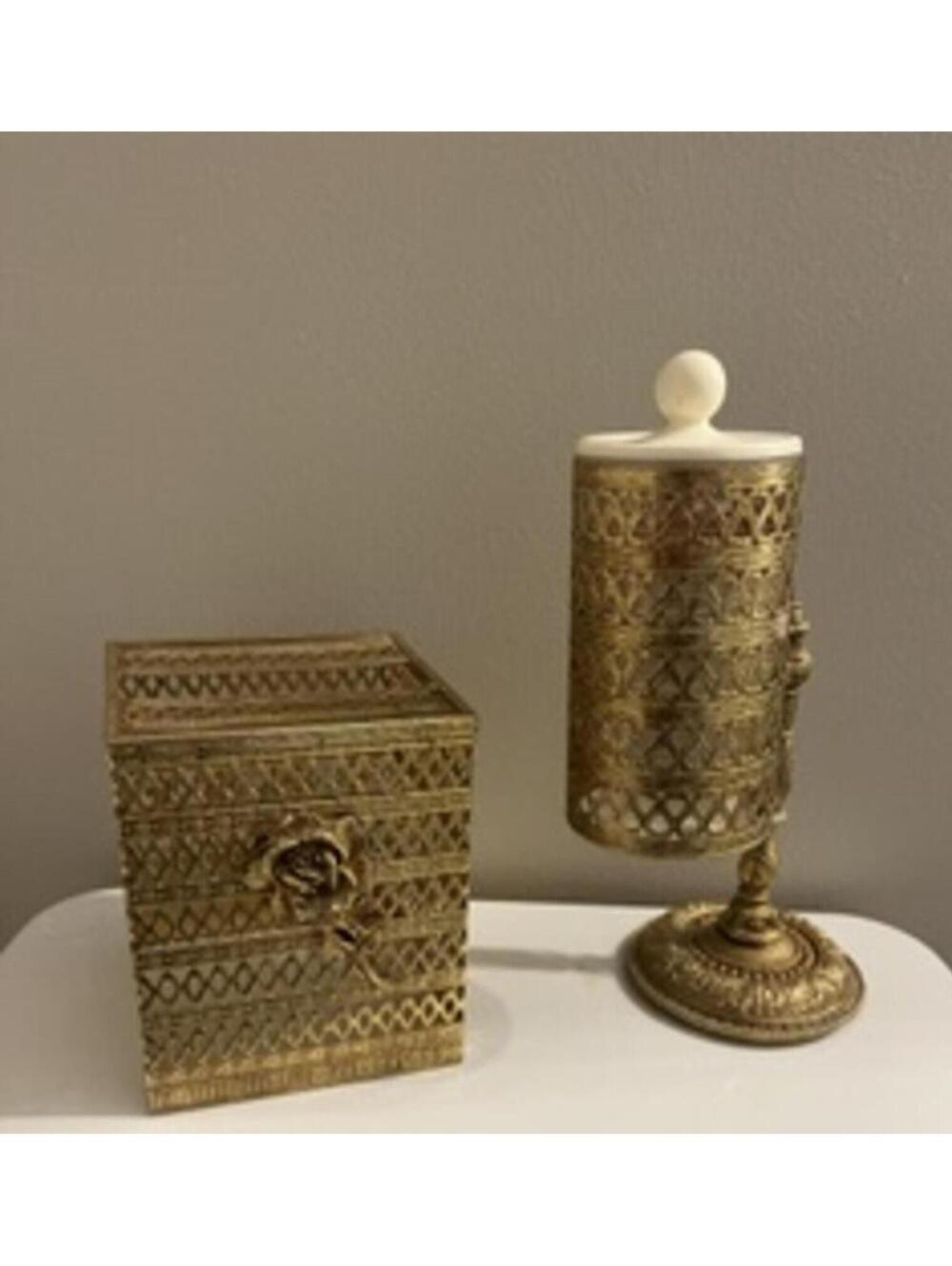 Vintage Gold Tone metal Hollywood Regency Dixie Cup Dispenser and tissue box